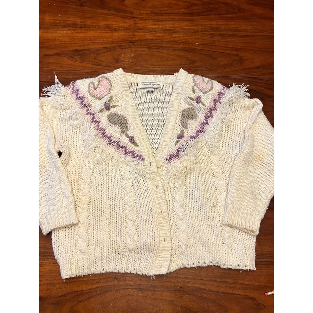 Maggie Lawrence Vintage Floral Fringe Cable Knit Cardigan Cream 18/20 embroidery
